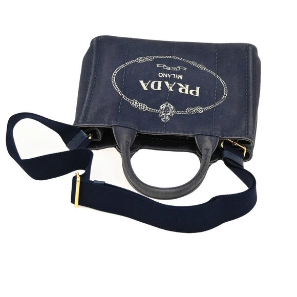 PRADA Logo Canapa 2Way Shoulder Hand Bag Canvas Leather Blue GHW 86KA843 - Picture 5 of 15